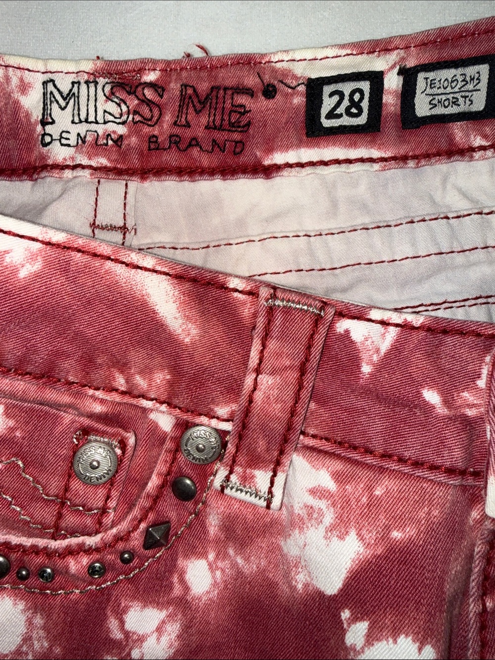 Miss Me Red Tie-Dye Denim Cutoff Shorts with Stud Accents - Picture 4 of 5